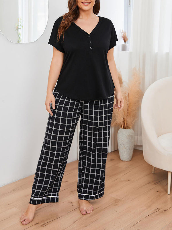 Plus size women's V-neck short-sleeved T-shirt plaid trousers home pajamas set